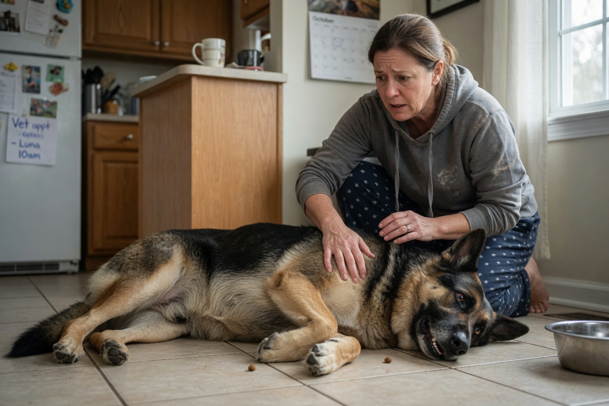 Distressed German Shepherd with visibly swollen abdomen lying on floor during acute haemoabdomen emergency, owner providing comfort