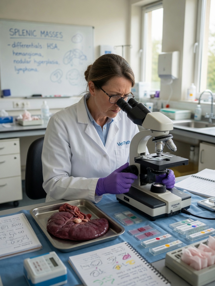 Veterinary pathologist examining excised canine spleen under microscope in laboratory for histopathological diagnosis