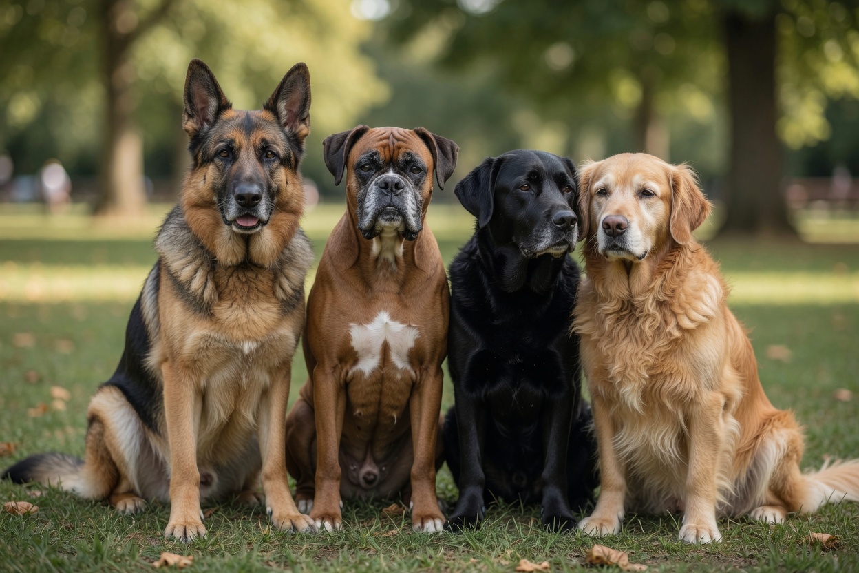 Group of large breed dogs including German Shepherd, Boxer, Labrador Retriever, and Golden Retriever representing breeds most affected by spondylosis