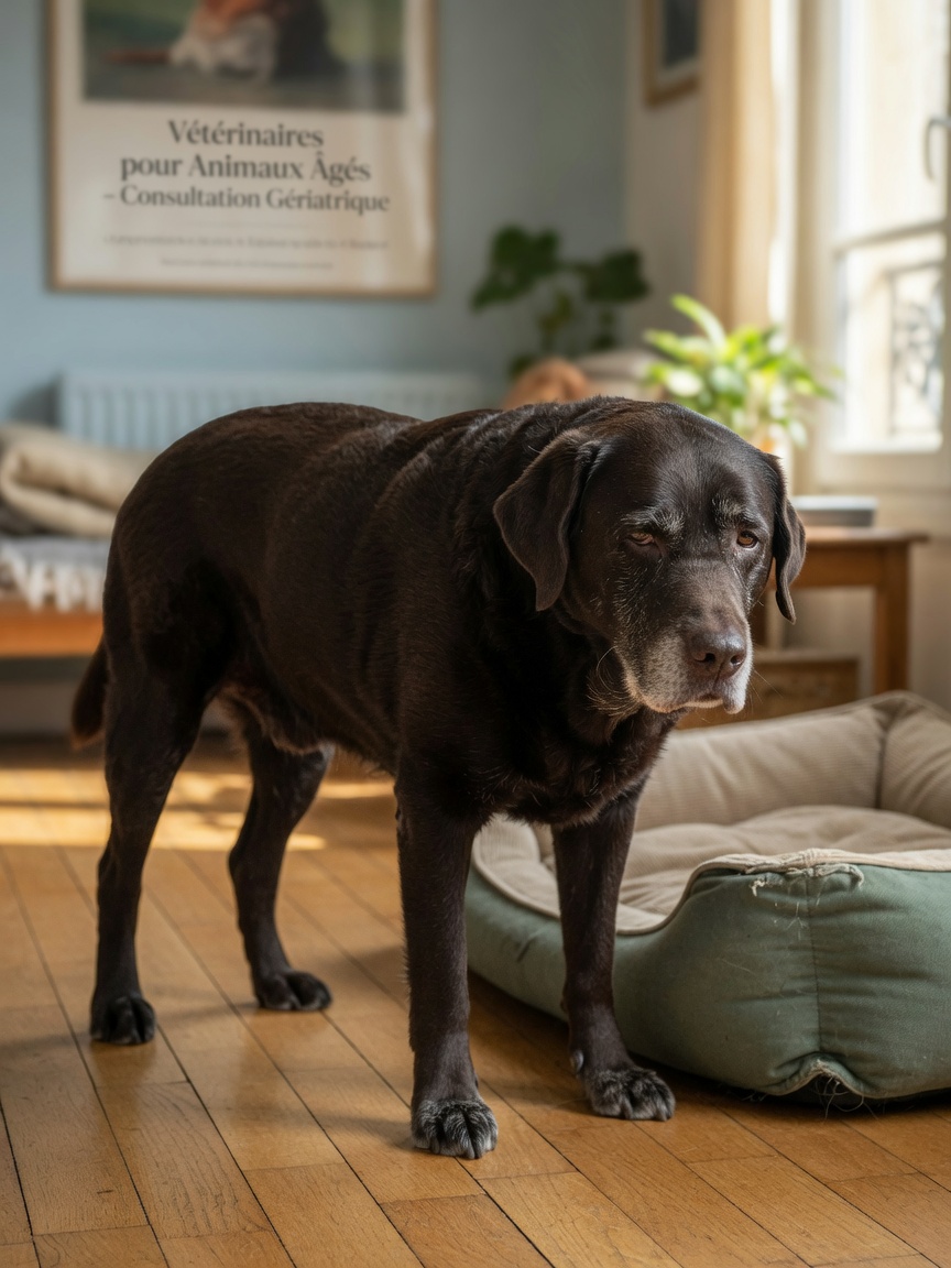 Senior Labrador Retriever displaying stiffness and cautious posture typical of symptomatic spondylosis in a home setting