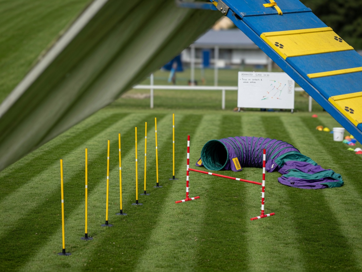 Overhead view of various agility equipment including weave poles, tunnel, jump, and A-frame on grass