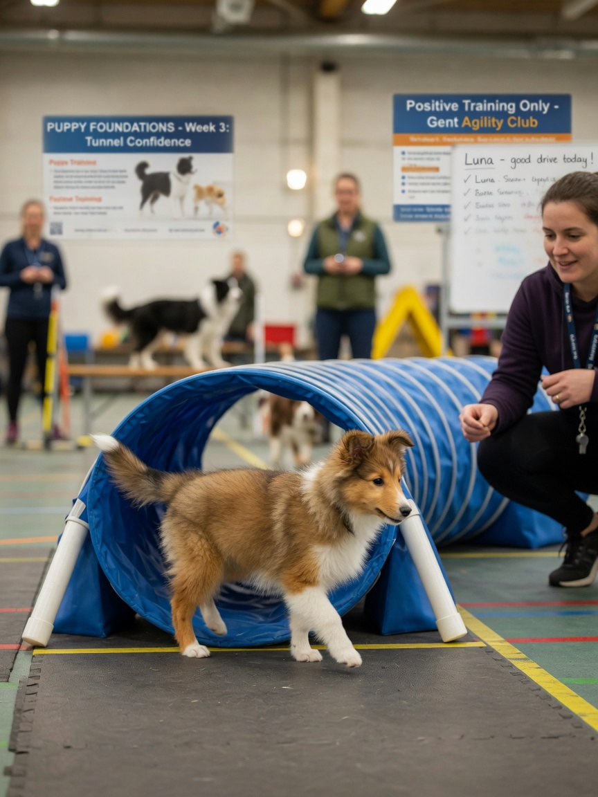 Young Shetland Sheepdog puppy navigating through a low training tunnel indoors