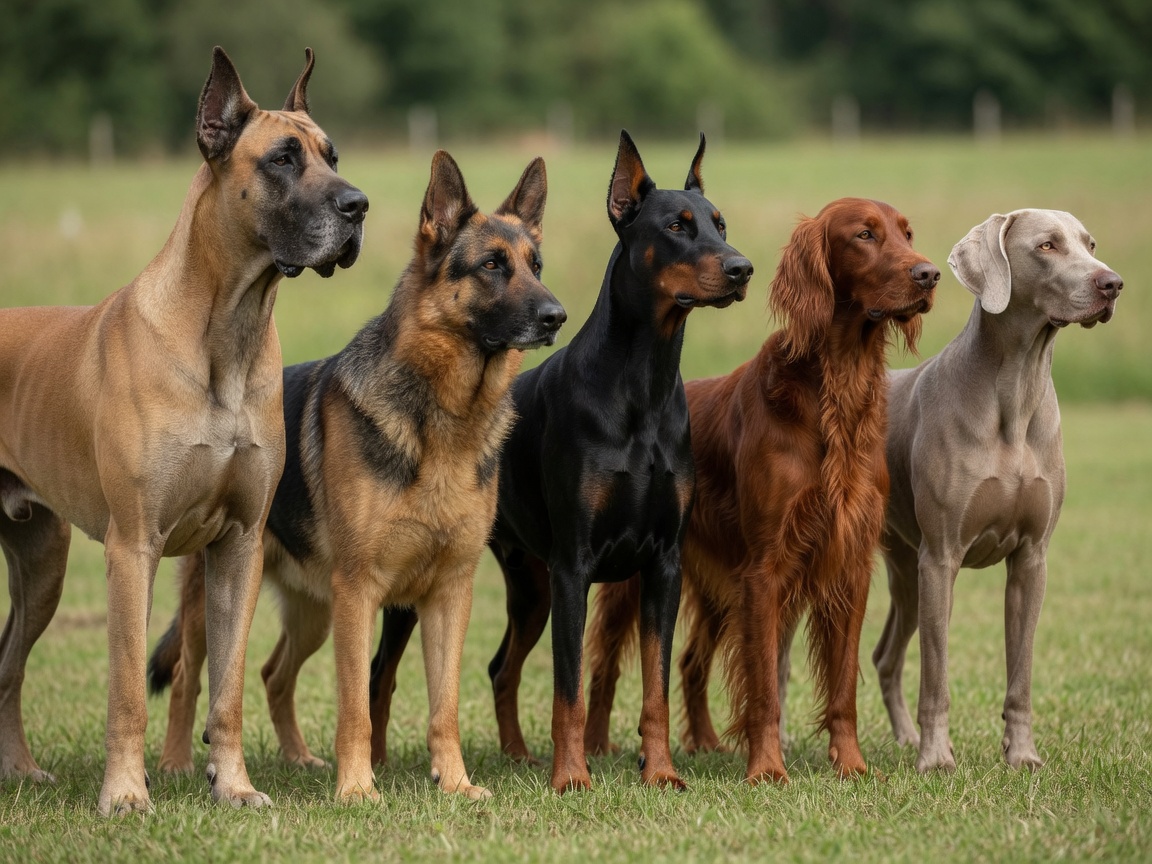 Cinco razas grandes de perros con pecho profundo con mayor riesgo de GDV incluyendo Gran Danés, Pastor Alemán, Dobermann, Setter Irlandés y Weimaraner