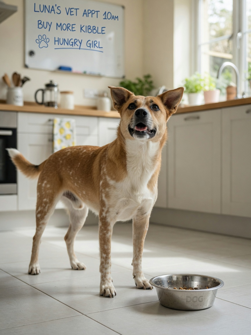 Hungry dog standing beside empty food bowl with anticipatory expression