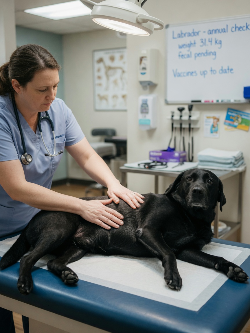 Veterinarian examining dog's abdomen on examination table with careful palpation technique