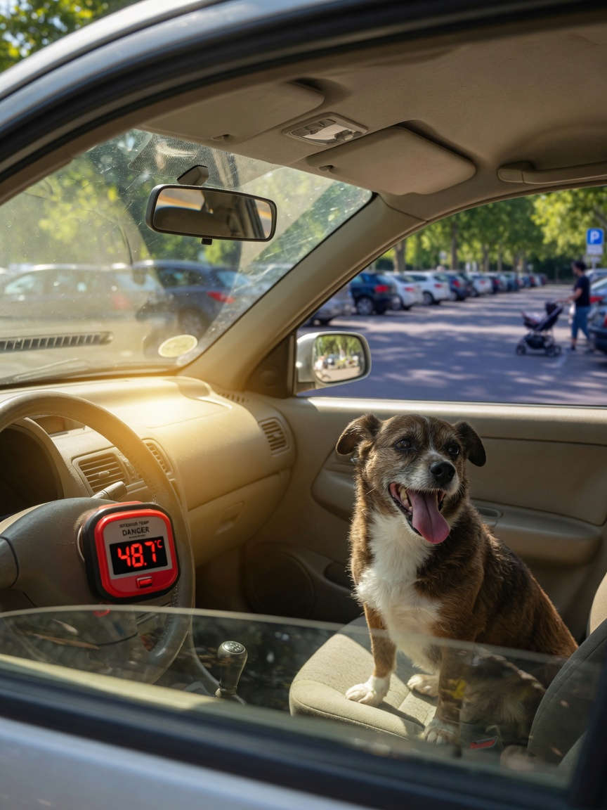 Perro pequeño jadeando dentro de un coche estacionado cerrado en un día caluroso de verano con apertura mínima de ventana