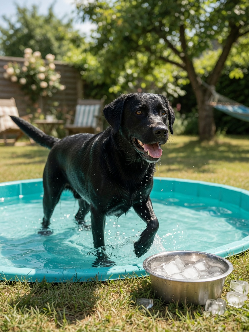 Labrador Retriever negro disfrutando de una piscina poco profunda con agua helada en un día de verano