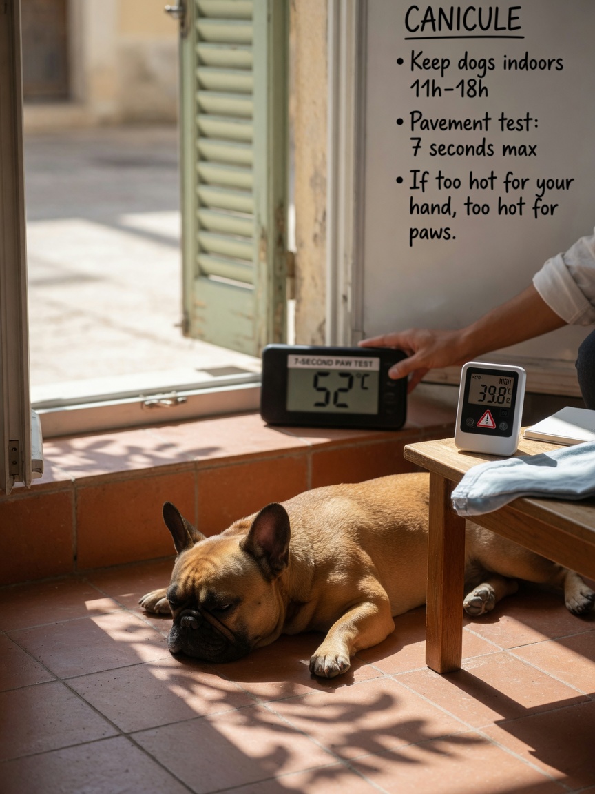 French Bulldog resting on cool indoor terracotta tiles while hand tests outdoor pavement temperature, illustrating Mediterranean heatwave safety protocol