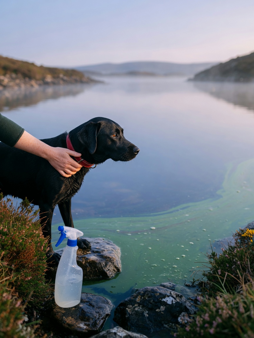 Black Labrador being held back from Atlantic lake with visible algal bloom, illustrating blue-green algae water safety hazard and rinse bottle for post-swim cleaning