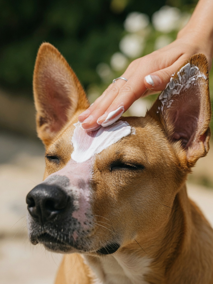 Owner applying pet-safe sunscreen to dog's vulnerable nose and ear areas