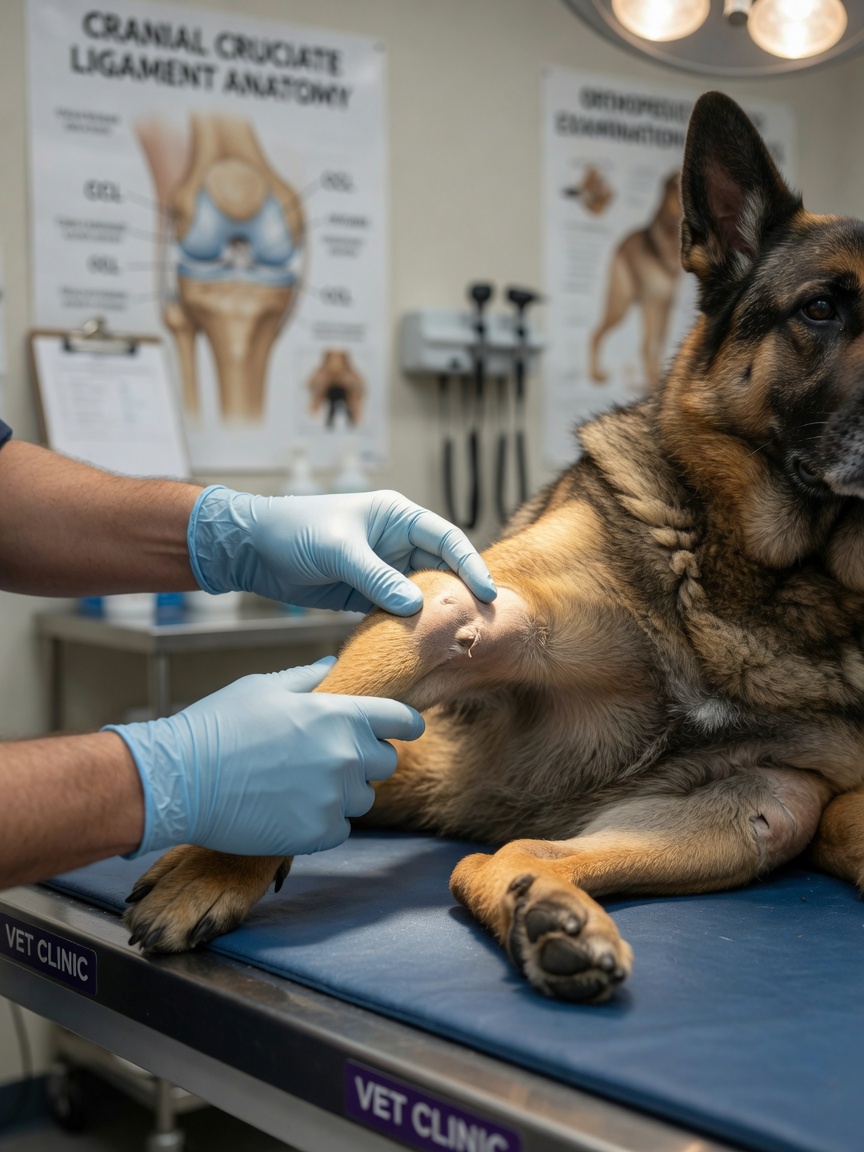 Veterinary surgeon examining a German Shepherd's knee joint during a CCL injury assessment
