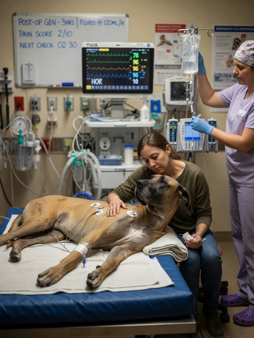 Great Dane recovering in veterinary ICU after emergency GDV bloat surgery with owner hand nearby