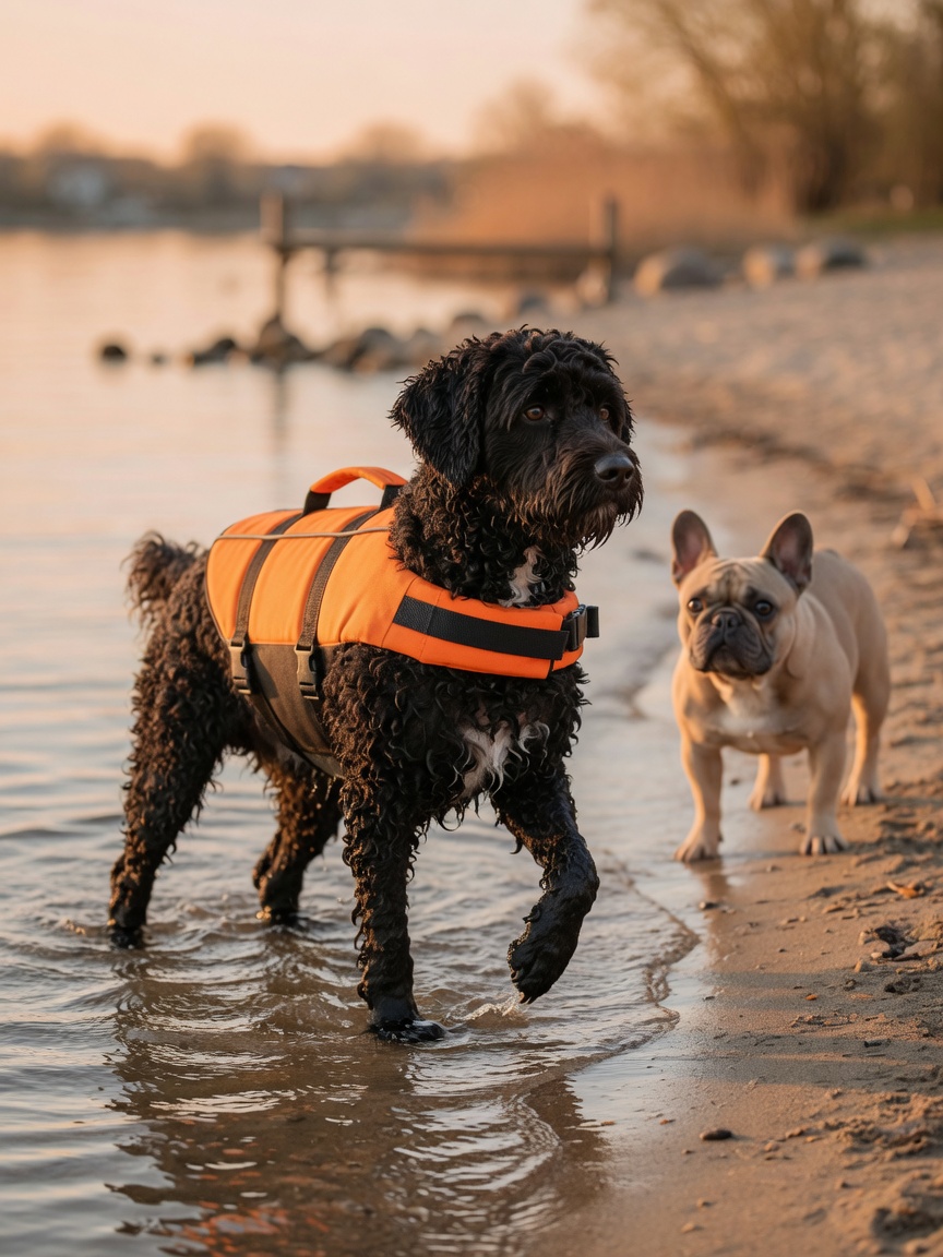 Portuguese Water Dog with curly dark coat wearing a bright orange life jacket in water, contrasted with a French Bulldog watching safely from shore
