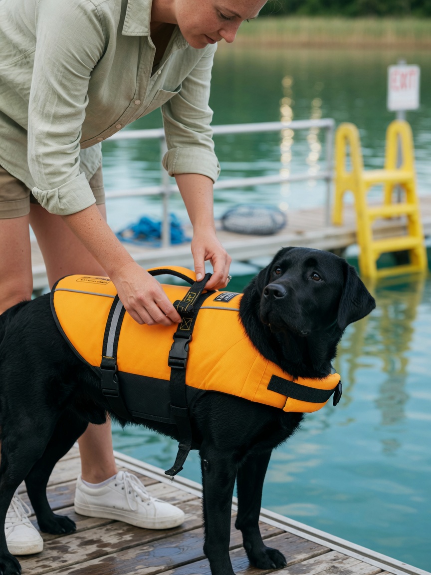 Dog owner carefully fitting an orange life jacket with handle onto a black Labrador Retriever on a pool deck