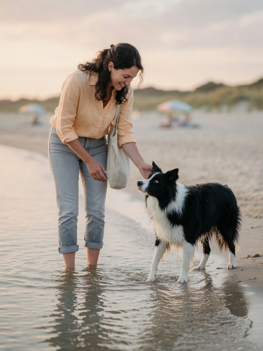 Owner wading in shallow water encouraging a hesitant Border Collie to follow at its own pace