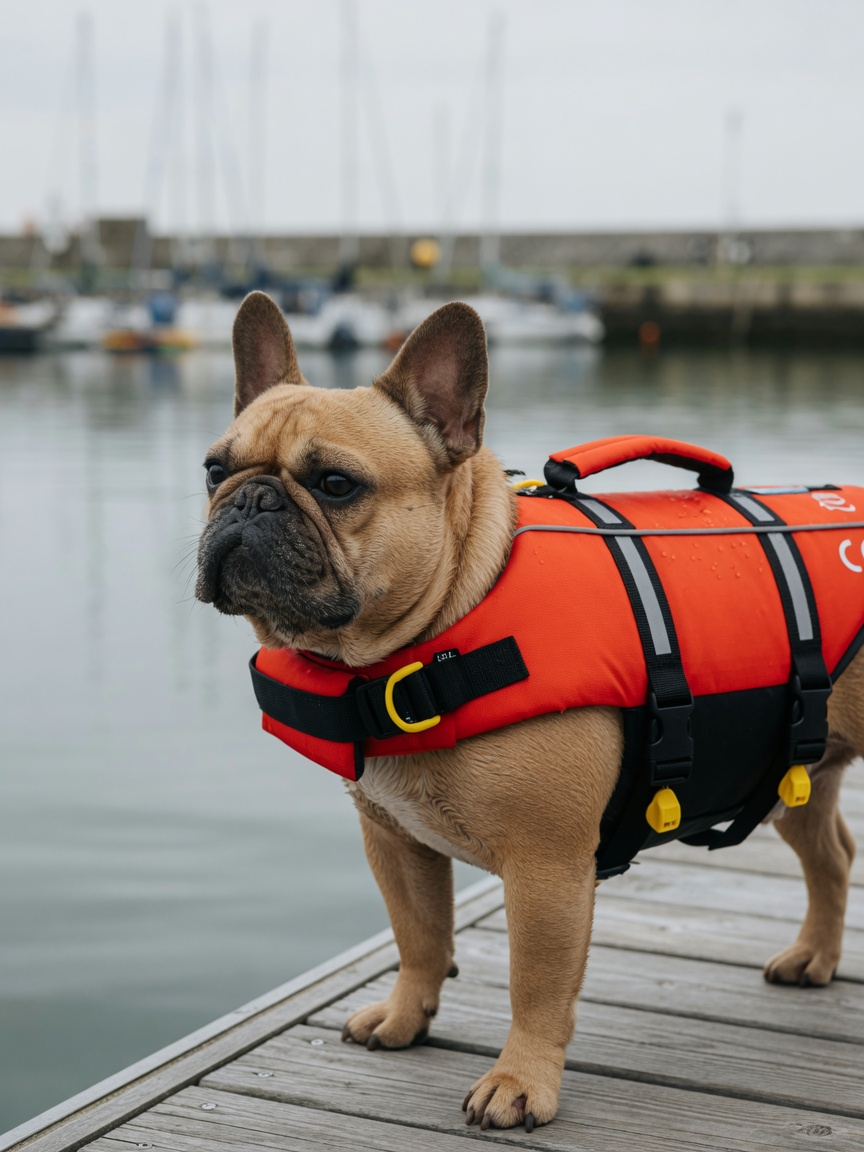 French Bulldog wearing a properly fitted bright orange life jacket with grab handle on a dock