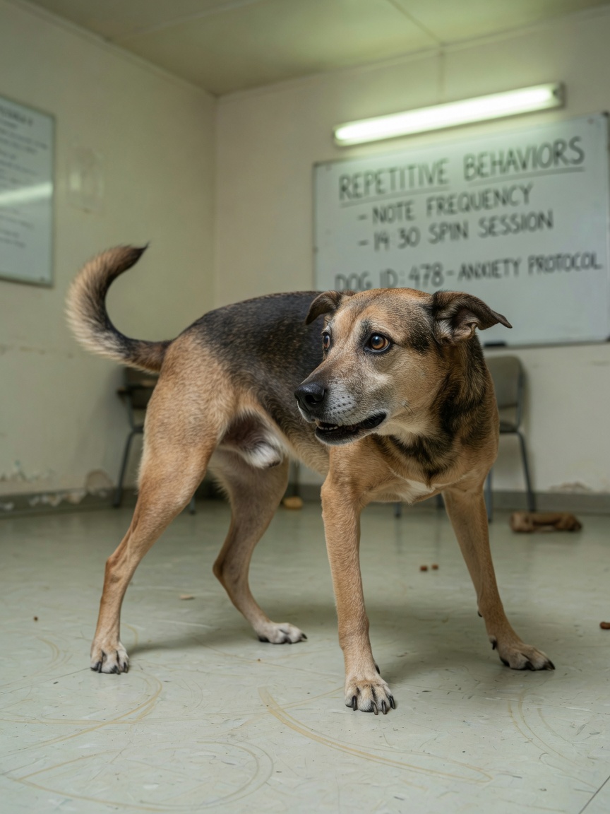 Adult dog displaying compulsive tail-chasing behavior with tense, fixated expression