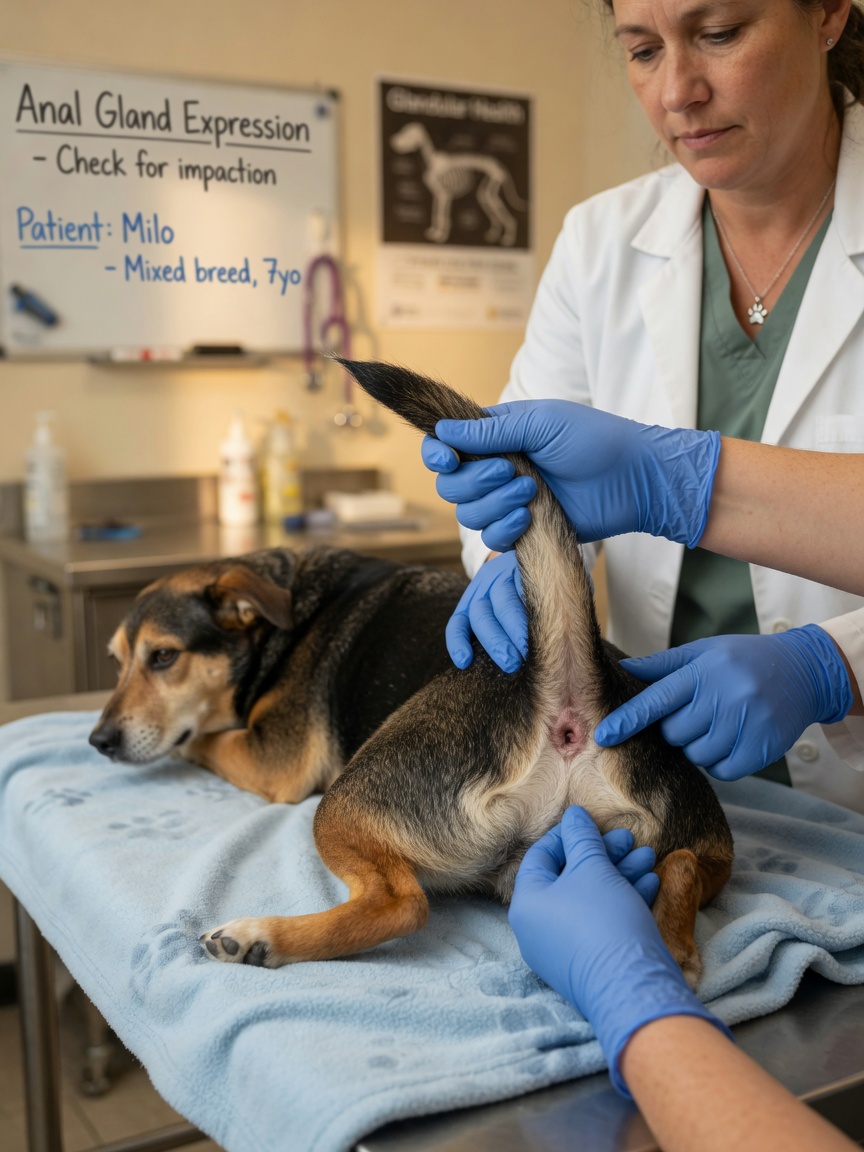 Veterinarian examining dog's tail base and anal gland region during professional examination