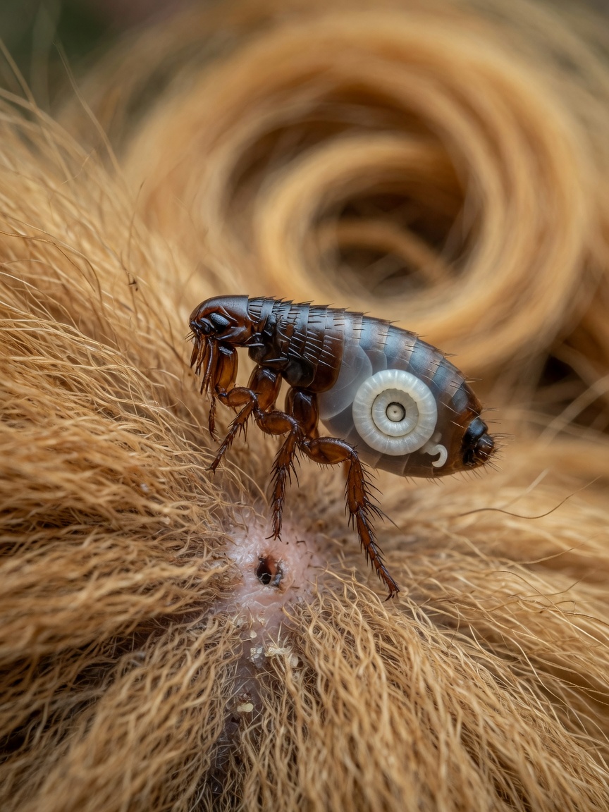 Macro view of a flea parasitizing a dog, showing tapeworm larvae development inside the flea