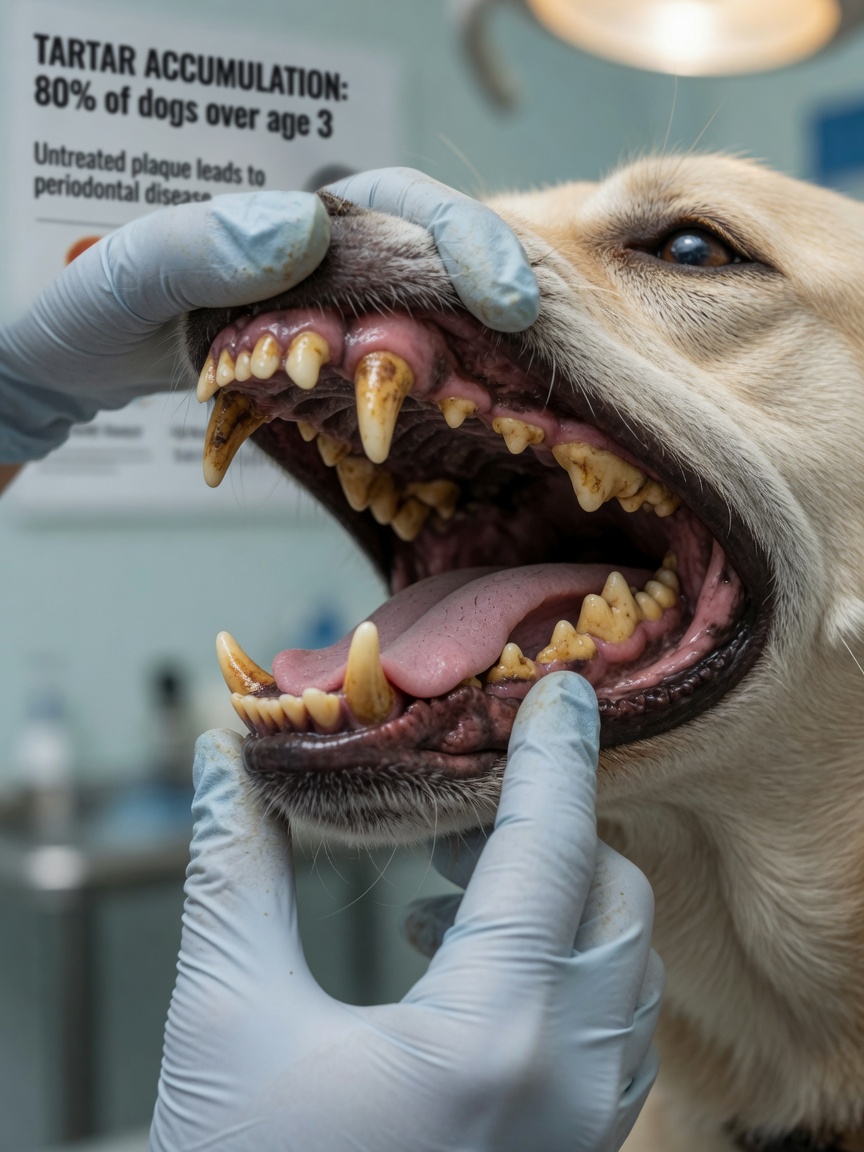 Close-up of dog's mouth showing tartar buildup and yellow-brown calculus deposits on teeth, demonstrating advanced plaque mineralization