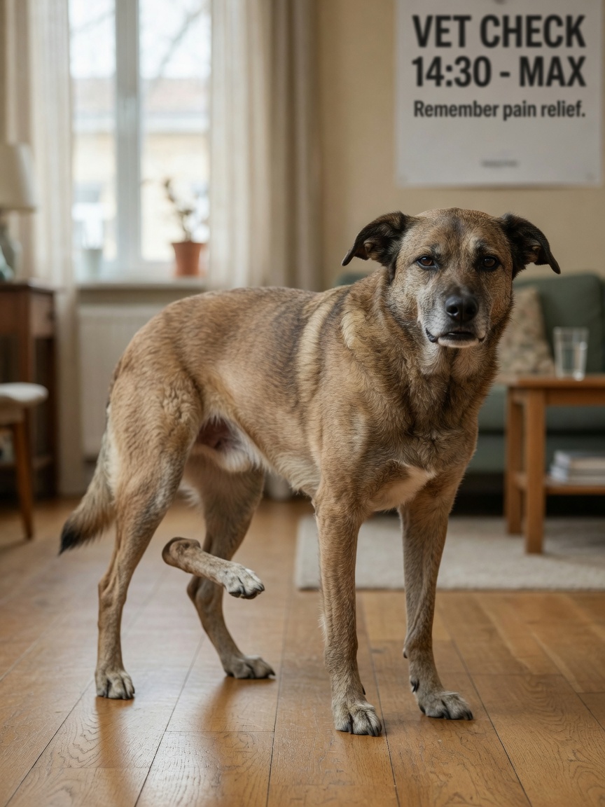 A dog limping indoors with one hind leg raised, showing signs of Lyme disease lameness