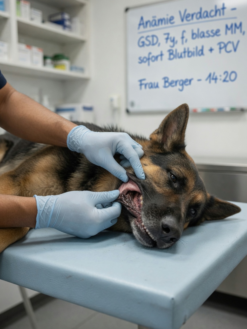 Veterinarian examining a lethargic dog's pale gums during a babesiosis diagnosis