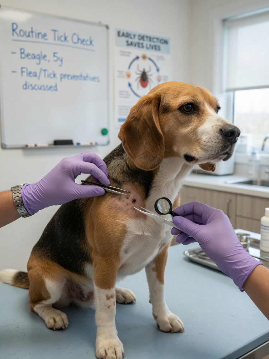 Veterinarian carefully examining beagle's coat for ticks during routine check