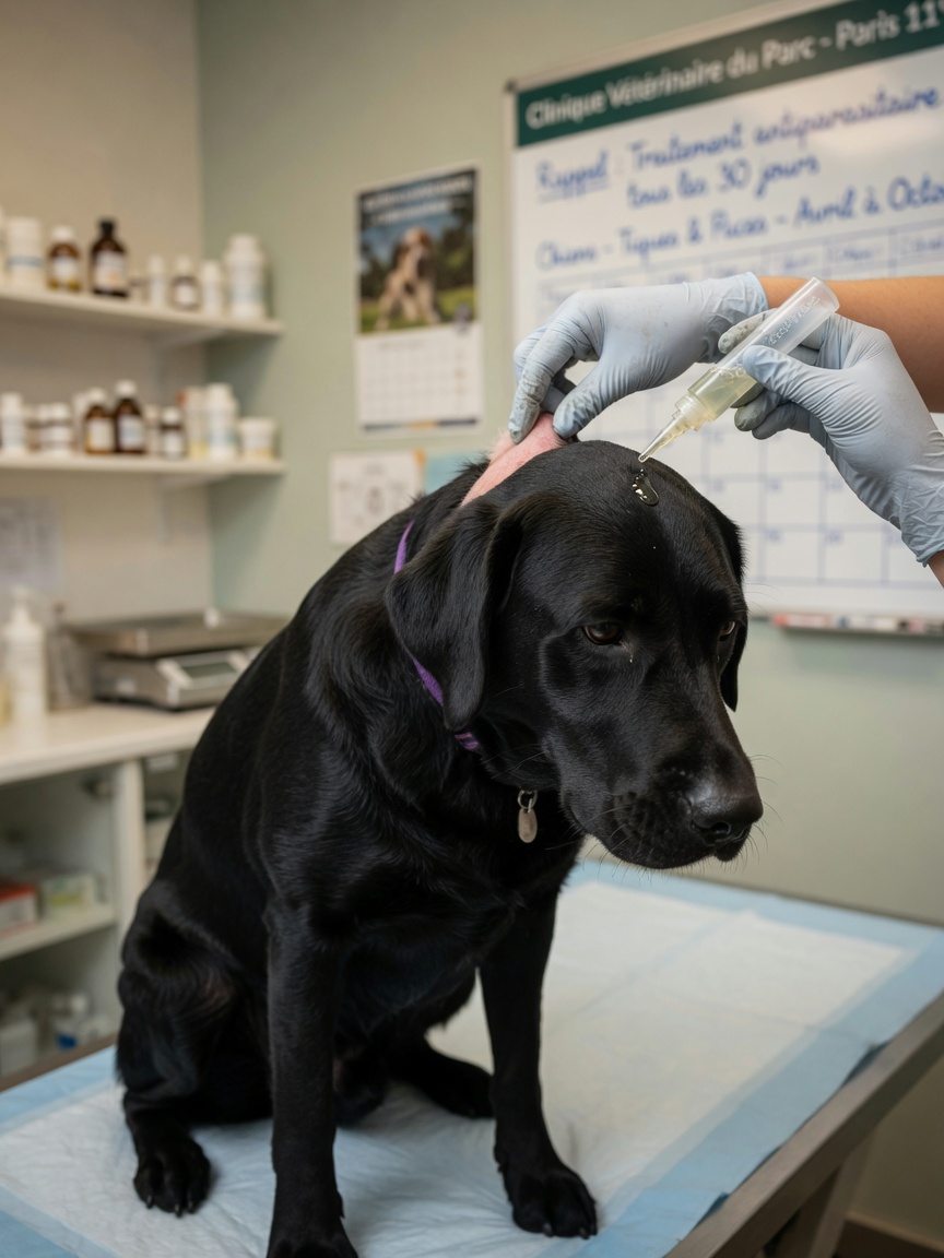 Veterinarian applying monthly spot-on tick prevention treatment to black Labrador's neck