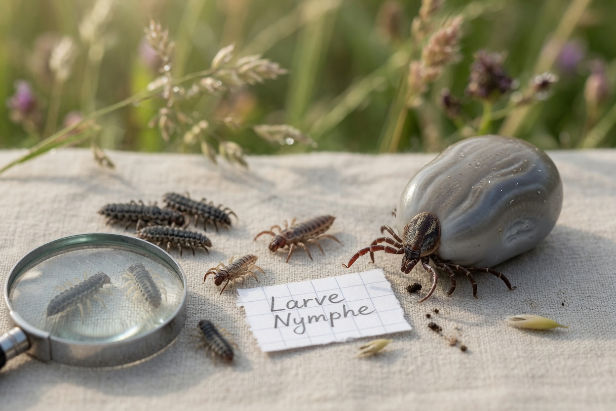 Educational macro photography showing different tick lifecycle stages from larvae to adult female, illustrating the three-host tick development cycle.