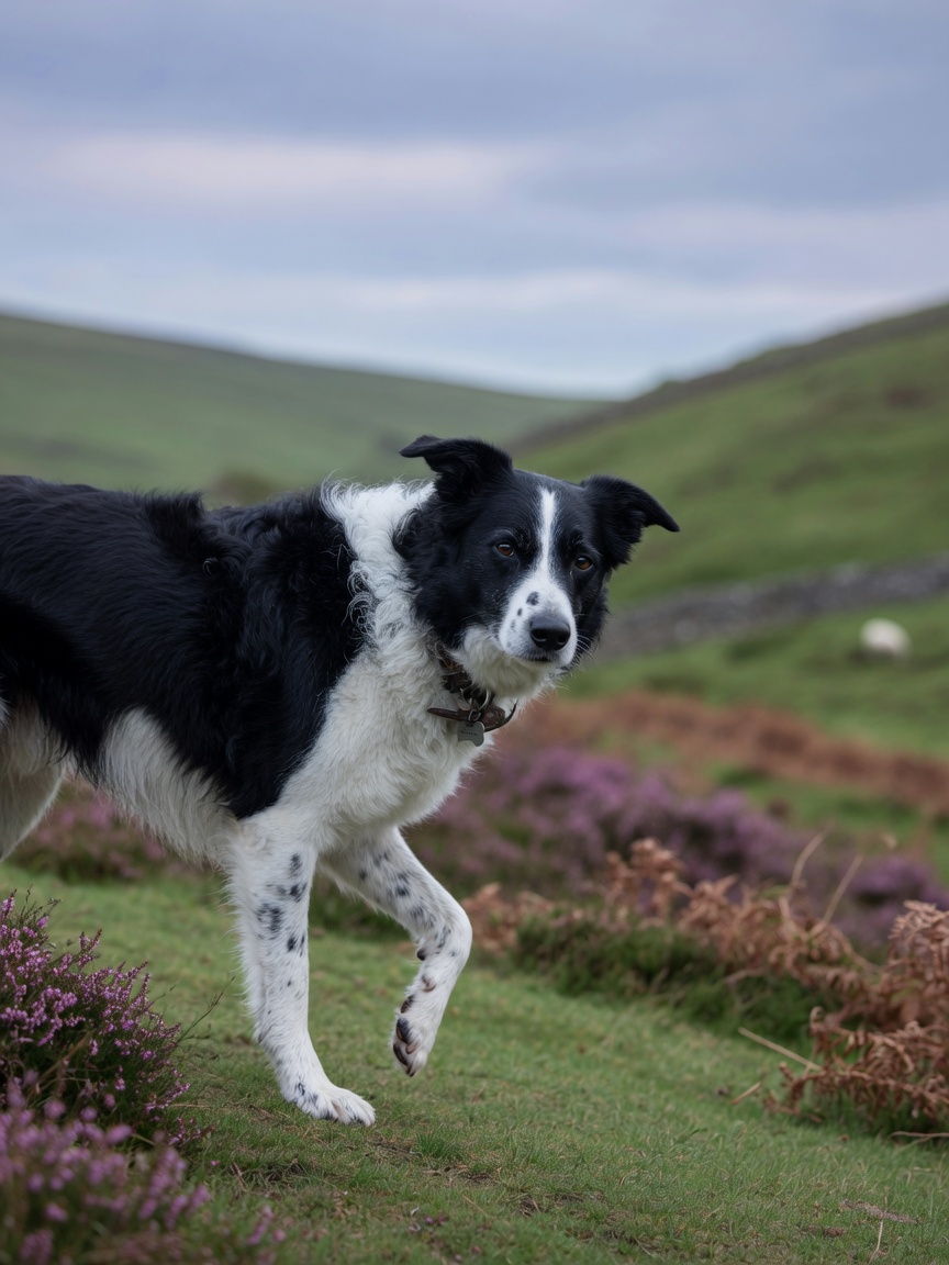 A border collie displaying subtle lameness in a moorland setting, representing symptoms of tick-borne Lyme disease in dogs in high-risk UK areas.