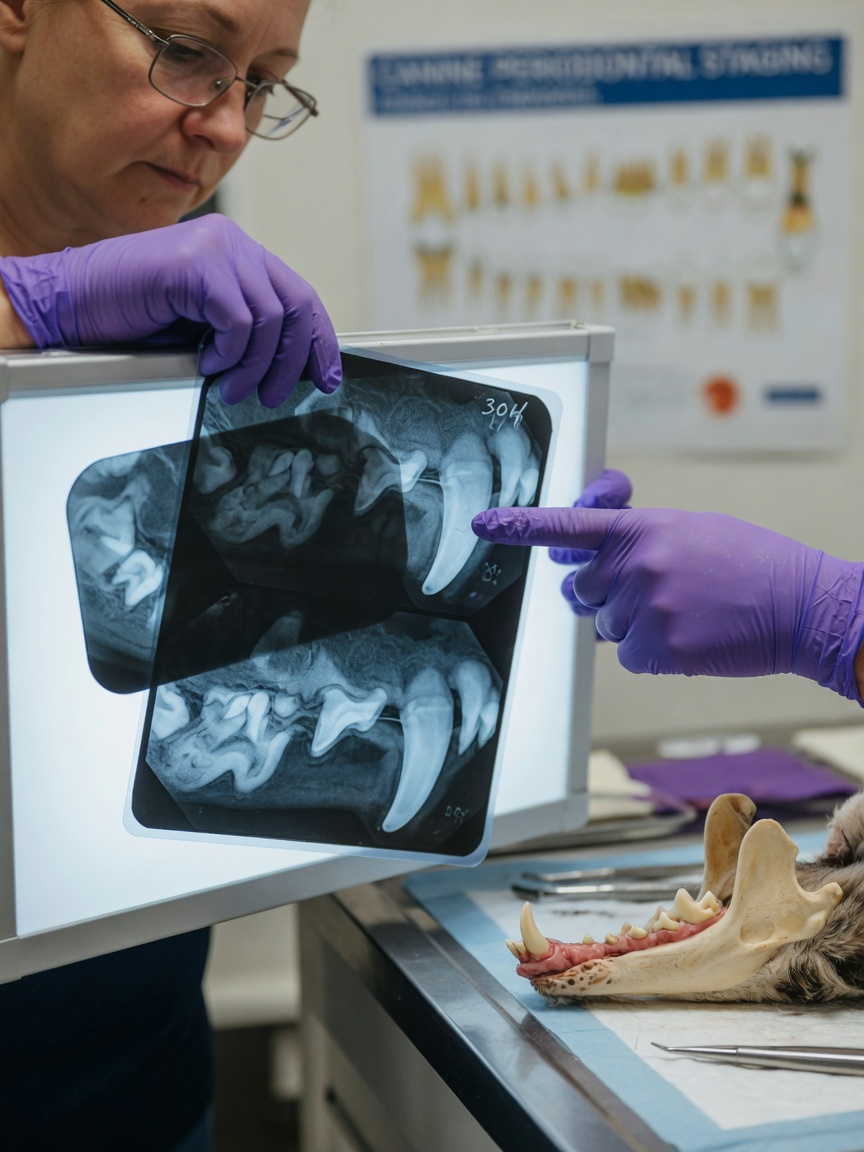 Veterinary dentist examining dental X-ray radiographs on a light box to assess tooth roots before extraction