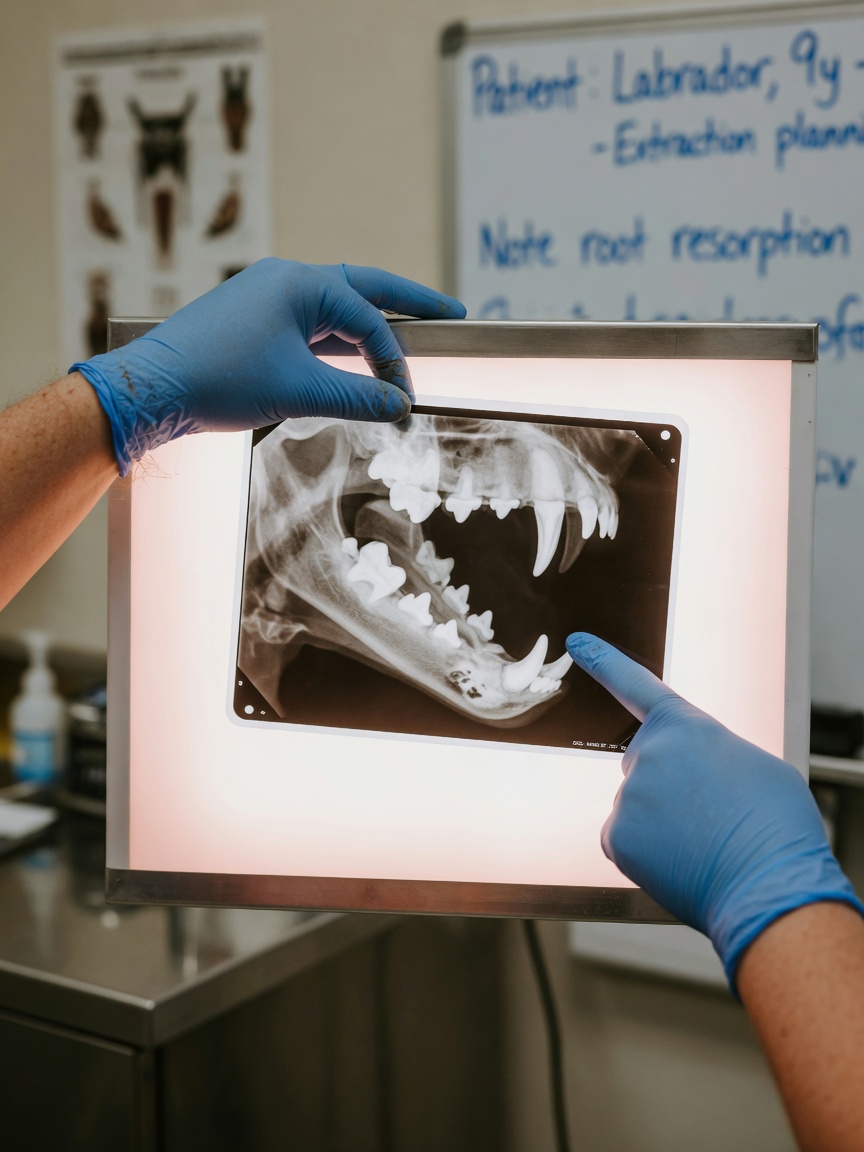 Veterinary dentist examining dental X-rays on a light box to diagnose tooth resorption