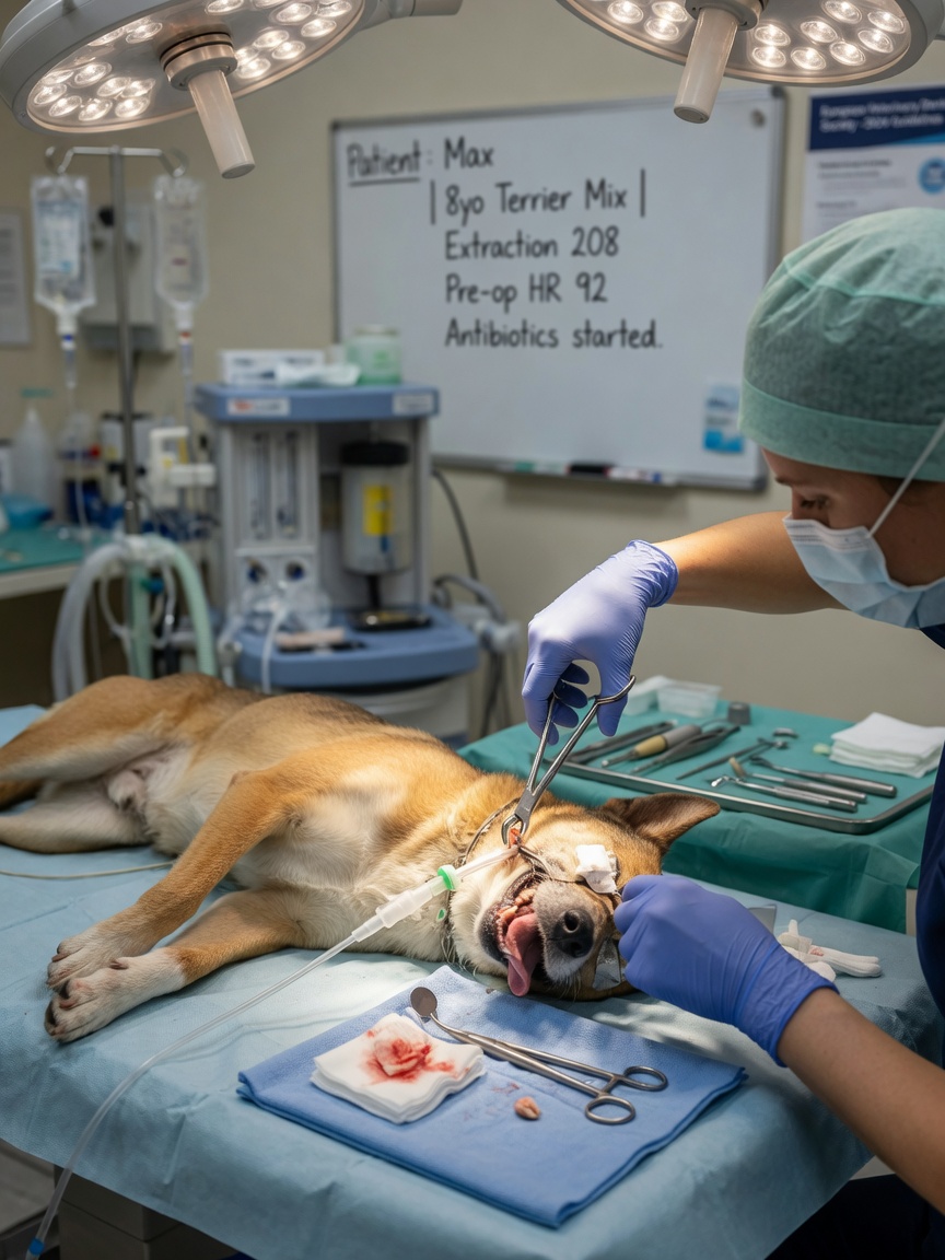 Veterinary dentist performing tooth extraction surgery on an anesthetized dog in surgical suite