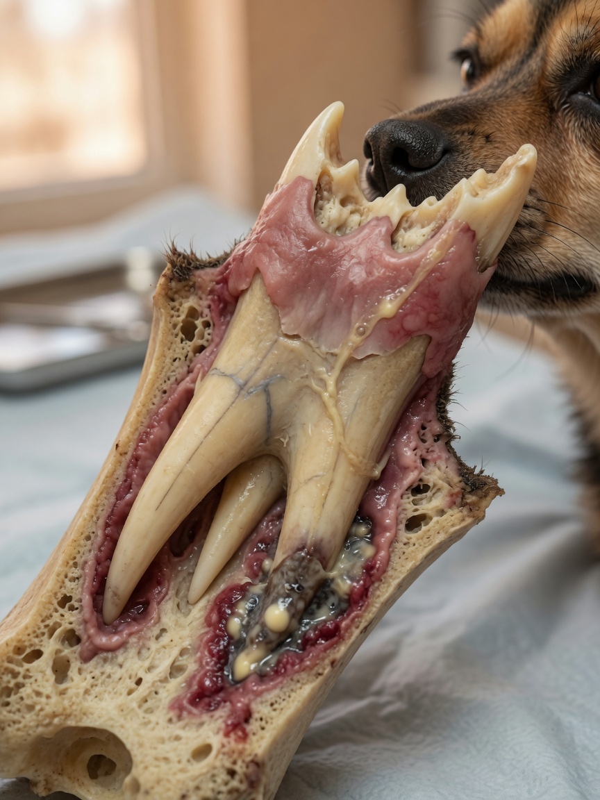 Anatomical illustration of canine upper carnassial tooth showing three roots and bacterial infection at the root tip