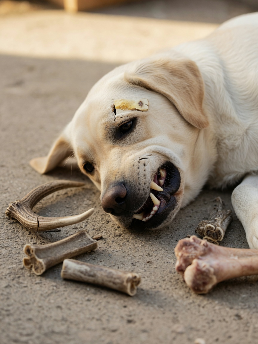 Golden Labrador with slab fracture on carnassial tooth, surrounded by hard chewing objects including antler and bone fragments