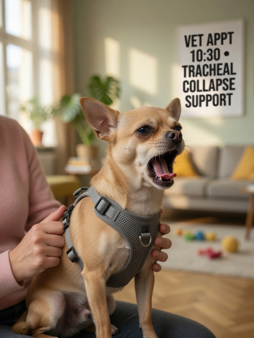 A Chihuahua wearing a harness experiencing a cough episode indoors, showing signs of respiratory distress