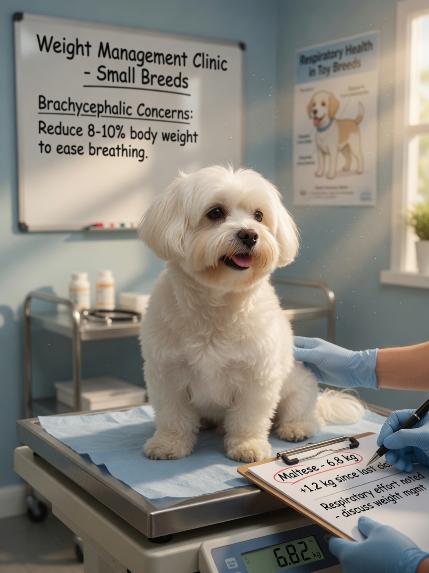 A Maltese dog being weighed at a veterinary clinic as part of weight management for tracheal collapse treatment