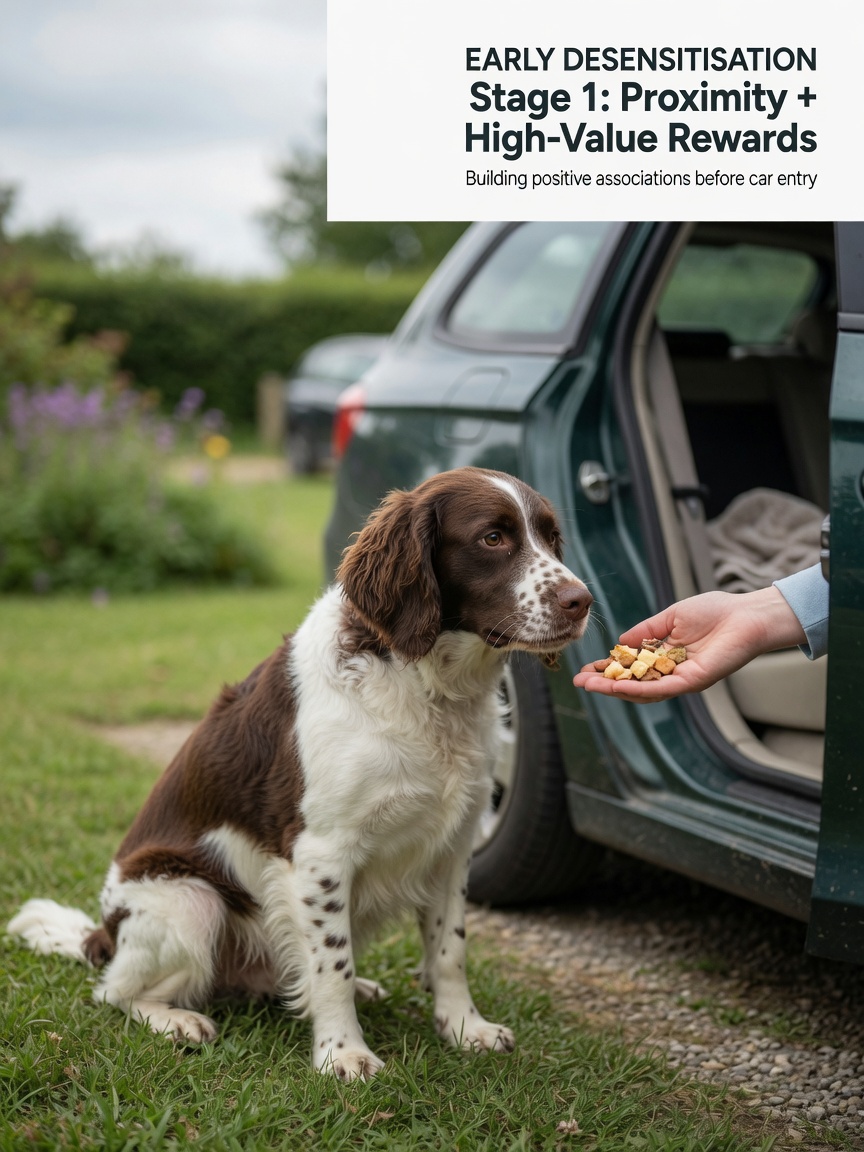 Dog being offered treats near car during anxiety desensitisation training
