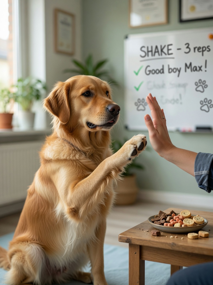 A golden-coated dog shaking paws with a trainer's open palm during a positive reinforcement training session