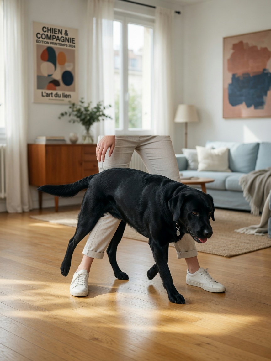 A black Labrador Retriever weaving through its owner's legs in an intermediate trick training exercise