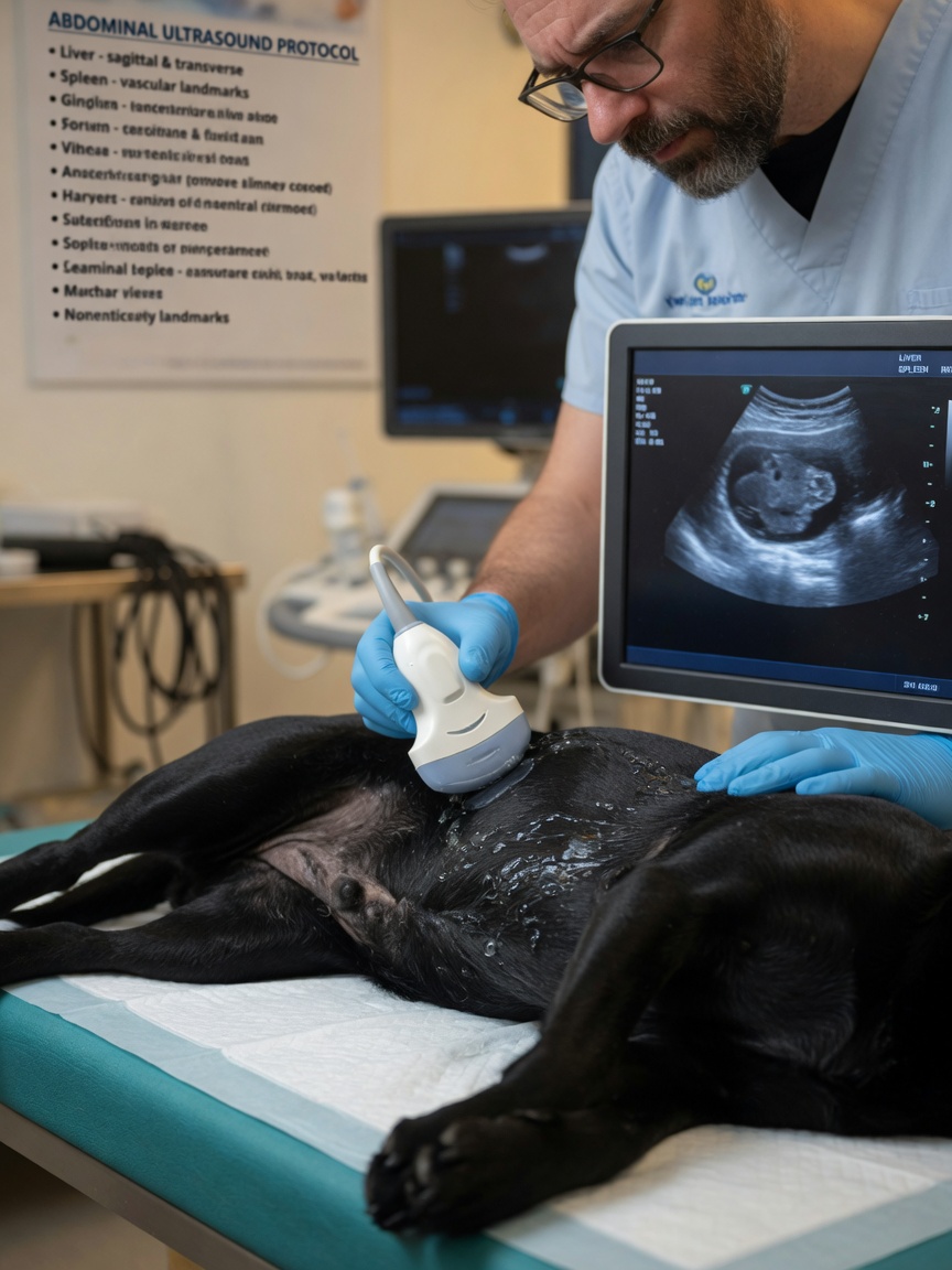 Veterinarian performing detailed ultrasound examination of black Labrador's abdomen with real-time organ imaging visible on monitor