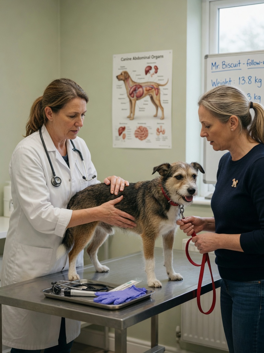 Veterinarian performing abdominal palpation examination on a terrier during consultation while owner observes