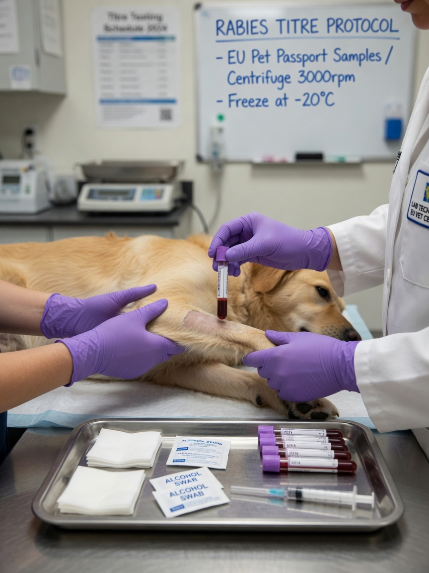 Técnico de laboratório coletando uma amostra de sangue de um cão para teste de titulação de raiva antes de viagem internacional