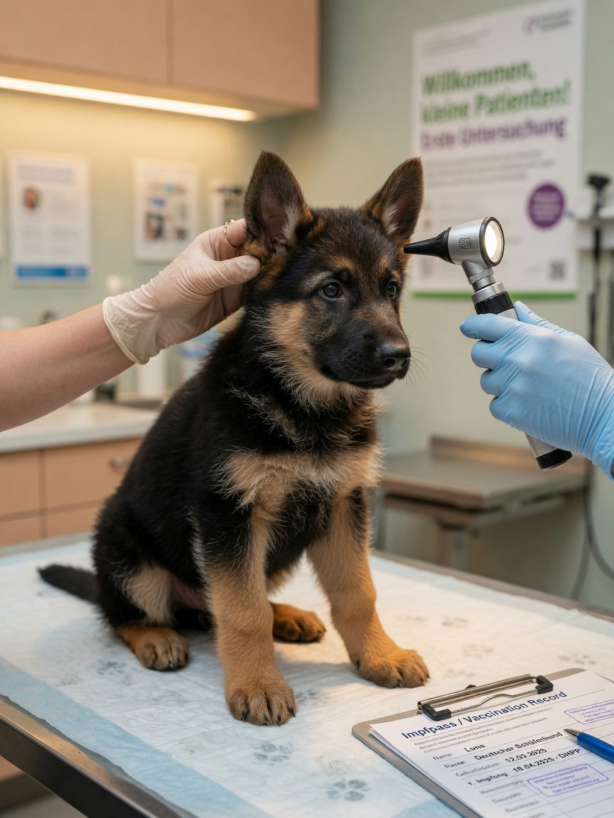 Young German Shepherd puppy receiving a thorough physical examination at a veterinary clinic before vaccination