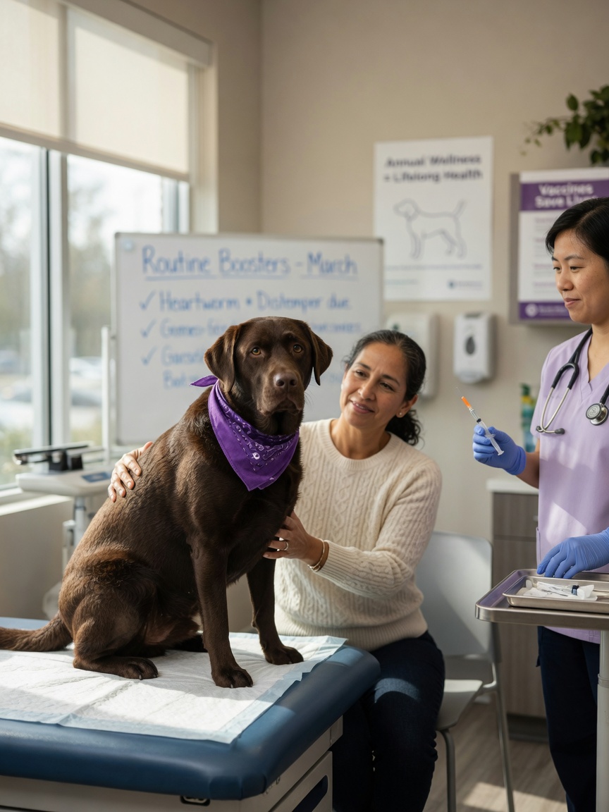 Adult chocolate Labrador Retriever with owner receiving a booster vaccination at a veterinary clinic