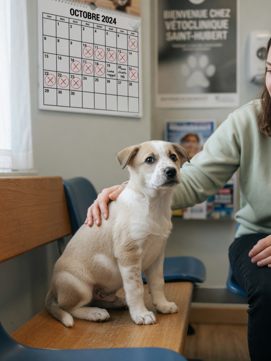 Young puppy with owner in veterinary clinic waiting room during vaccination appointment