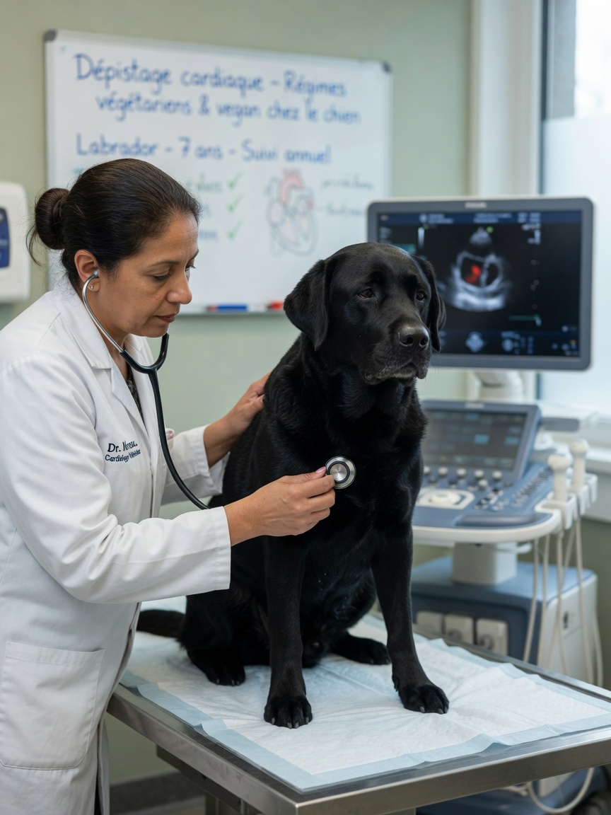 Veterinarian performing cardiac examination on dog with stethoscope to monitor heart health