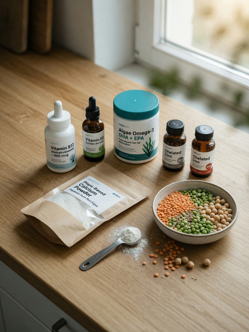Arranged supplements and plant-based protein sources showing the nutritional complexity of vegan dog diets