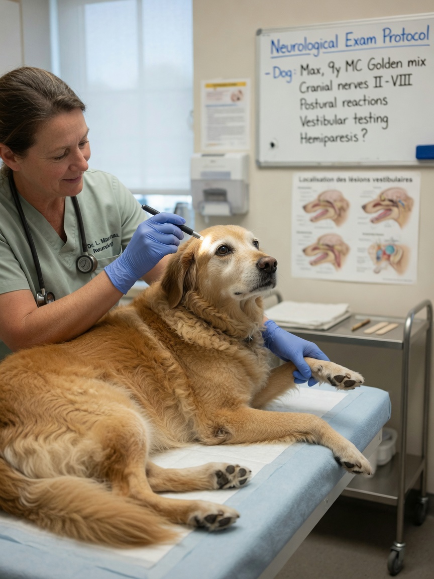 Veterinary neurologist performing comprehensive neurological examination on a dog to assess vestibular dysfunction