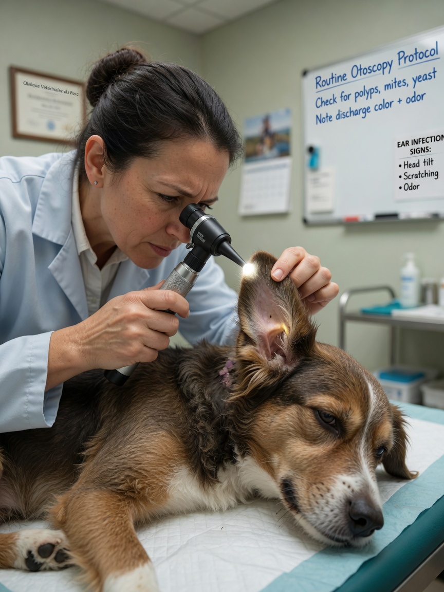 Veterinarian performing otoscopic examination of dog's ear canal to diagnose inner ear infection or peripheral vestibular disease causes